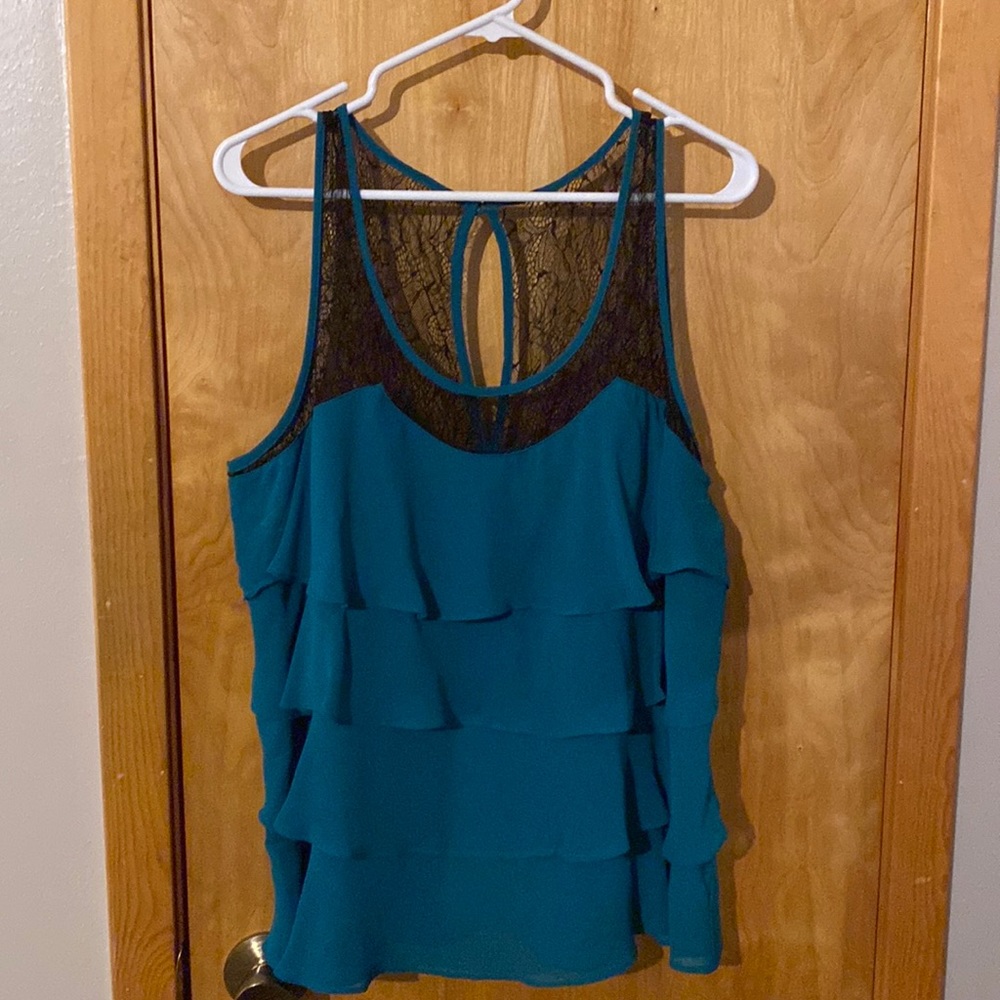 Lauren Conrad - lace tank - soft ruffles - muted deep blue/green